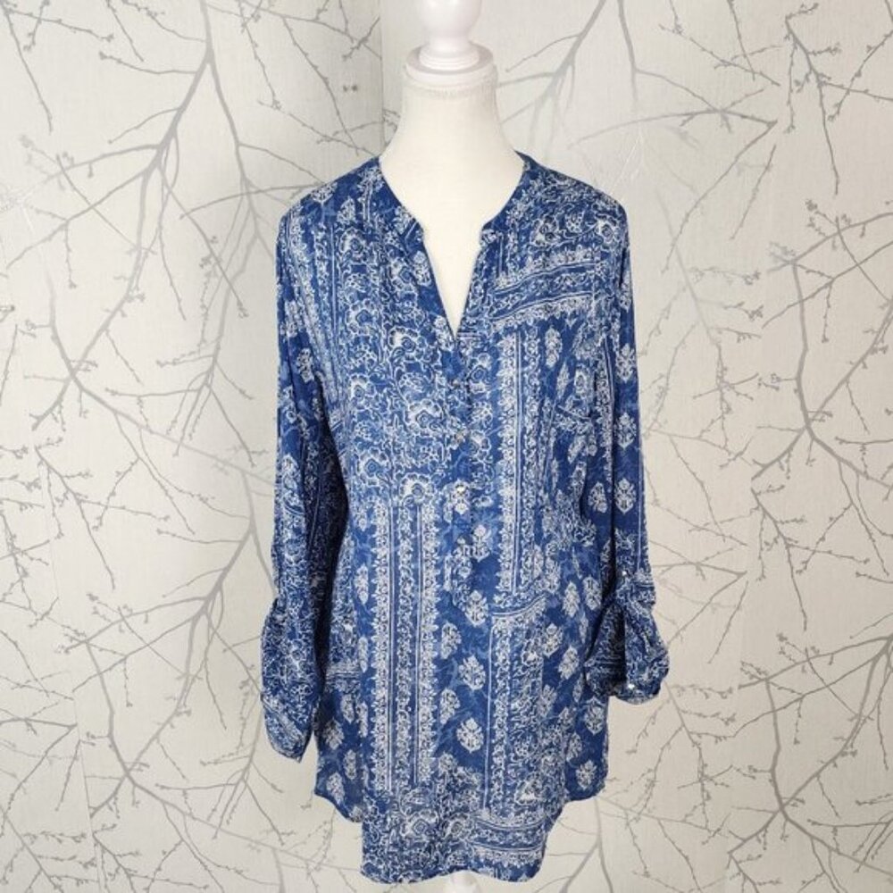 Woolworths Blue Floral Paisley Print Button Popover Tunic